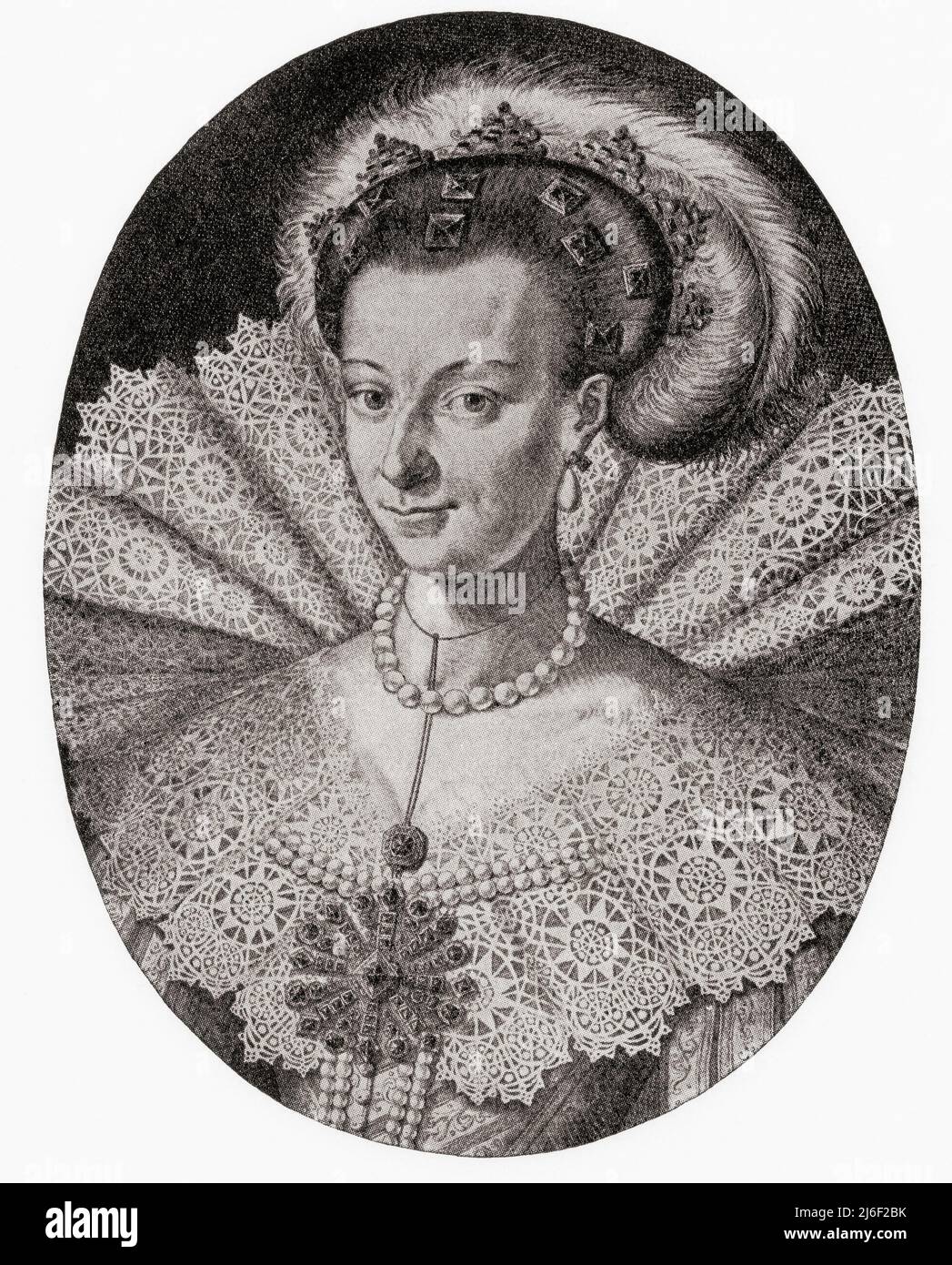 Maria Eleonora of Brandenburg, 1599 – 1655. German princess and Queen Consort of Sweden as the wife of King Gustav II Adolph.  From Modes and Manners, published 1935. Stock Photo