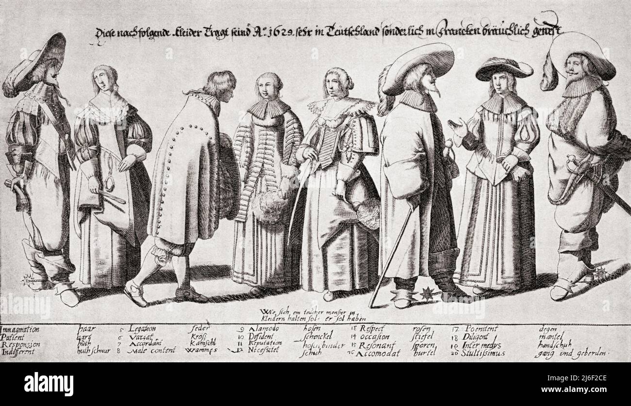 Caricature of German fashions in the 17th century.  From Modes and Manners, published 1935. Stock Photo