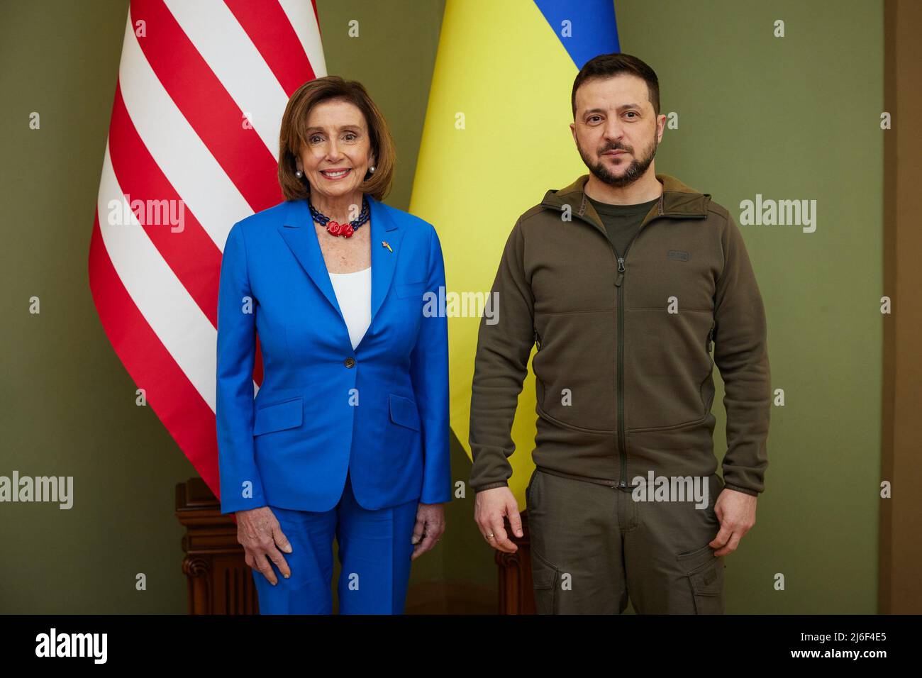 Kyiv, Ukraine. 01st May, 2022. Ukrainian President Volodymyr Zelenskyy, right, poses with Speaker of the U.S. House of Representatives Nancy Pelosi at the Mariyinsky palace, May 1, 2022 in Kyiv, Ukraine. Pelosi is the highest ranking elected U.S. official to visit Kyiv since the Russian invasion. Credit: Ukraine Presidency/Ukraine Presidency/Alamy Live News Stock Photo