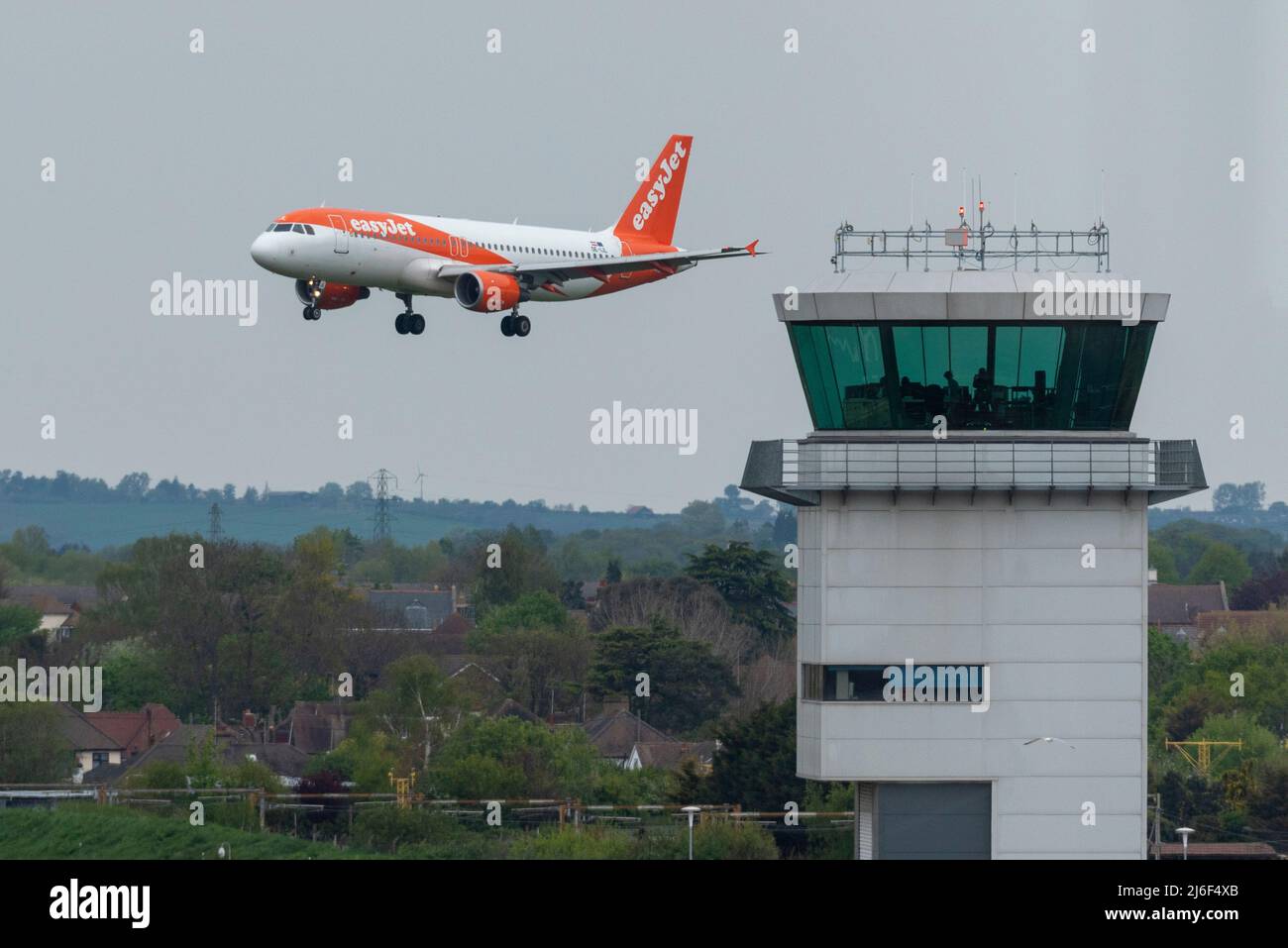 London Southend Airport, Essex, UK. 1st May, 2022. The airport in the new city of Southend on Sea has been without passenger flights since the final withdrawal of Ryanair in October 2021, caused by the downturn in air travel during the COVID pandemic. easyJet had been the airport’s main operator since arriving in 2012 but withdrew all its services in August 2020. The airline has returned today for the first of what is planned to be 12 scheduled flights per week to European destinations. The arrival (pic) today from Palma de Mallorca and return was the first route served Stock Photo