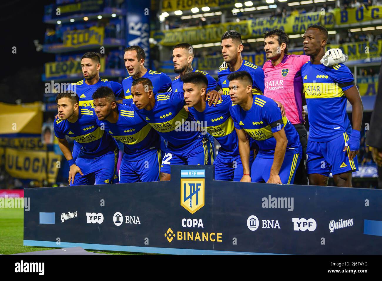 Players of Boca Juniors pose for a group photo before the Copa de la