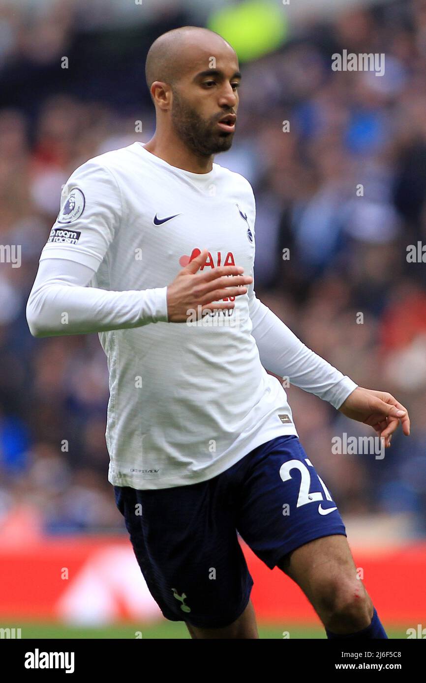 London, UK. 1st May, 2022. Lucas Moura of Tottenham Hotspur in action during the game. Premier League match, Tottenham Hotspur v Leicester City at the Tottenham Hotspur Stadium in London on Sunday 1st May 2022. this image may only be used for Editorial purposes. Editorial use only, license required for commercial use. No use in betting, games or a single club/league/player publications. pic by Steffan Bowen/Andrew Orchard sports photography/Alamy Live news Stock Photo
