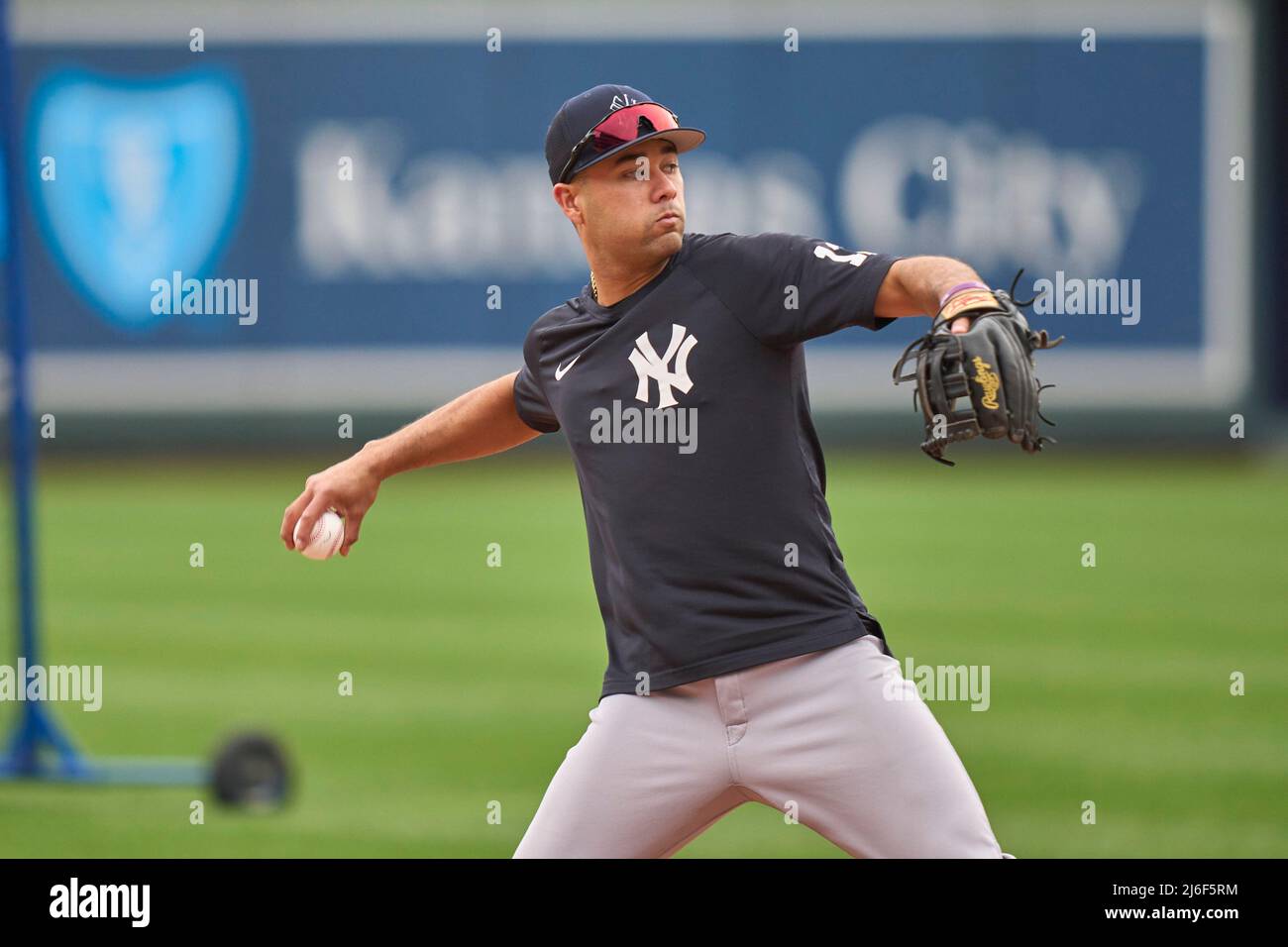 April 30 2022: New York left fielder Joey Gallo (13) before the game with  New York Yankees and Kansas City Royals held at Kauffman Stadium in Kansas  City Mo. David Seelig/Cal Sport