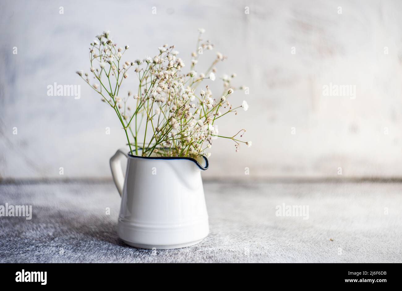 White gypsophila flowers in the ceramic vase on concrete table Stock Photo