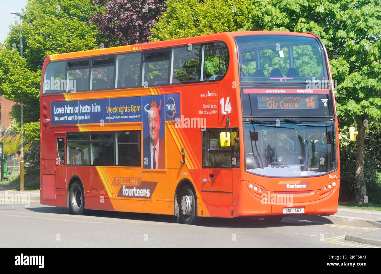 Alexander Dennis Enviro400 of FirstBus (fleet number 33693) allocated to service number 14 in Leicester, Leicestershire, England Stock Photo