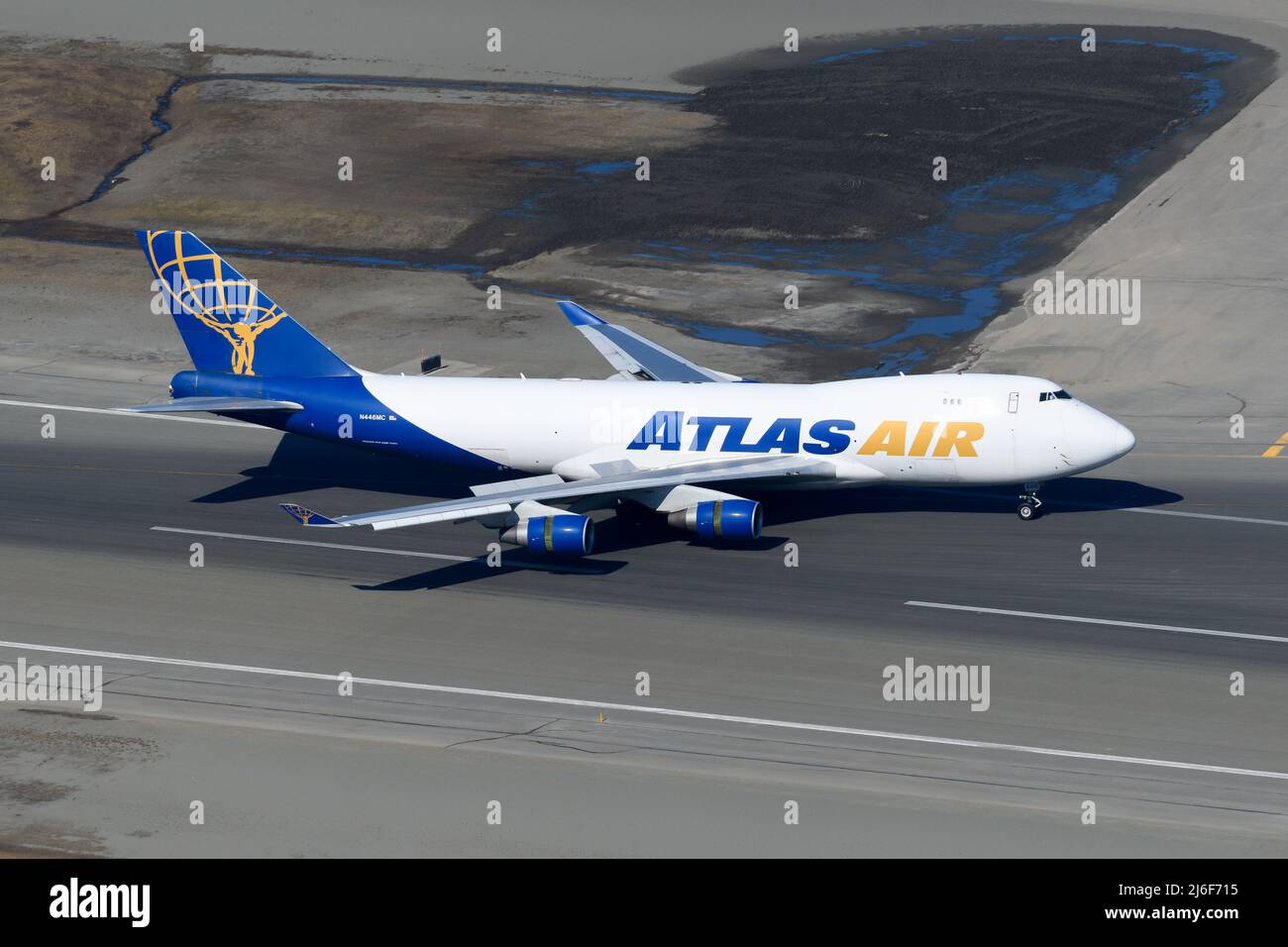 Atlas Air Cargo Boeing 747 freighter landing at Anchorage Airport. 747F cargo plane of AtlasAir arriving. Stock Photo