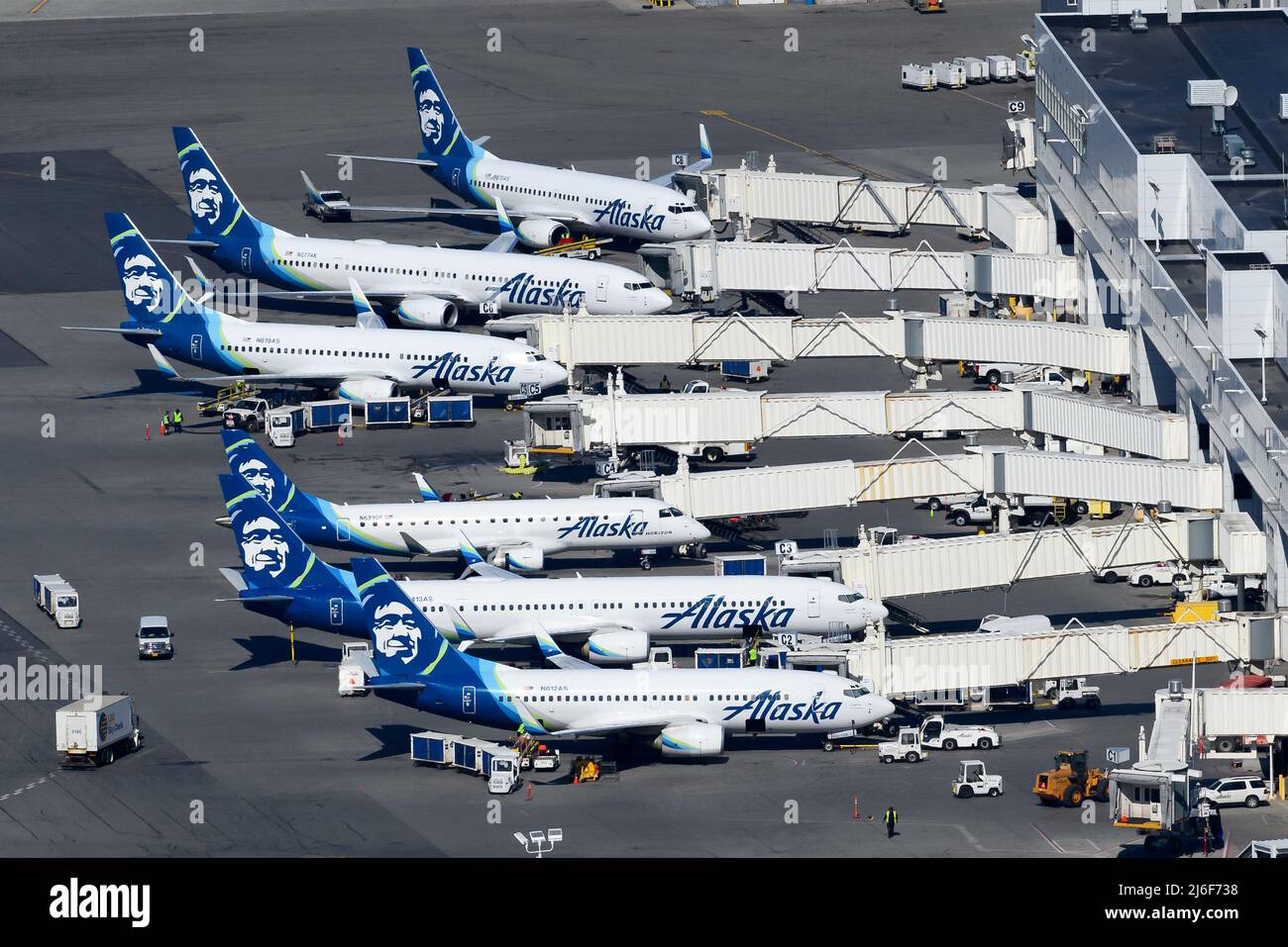 Alaska Airlines terminal at the airline hub at Ted Stevens Anchorage Airport in Alaska. Multiple aircraft of Alaska Airlines together. Planes lineup. Stock Photo