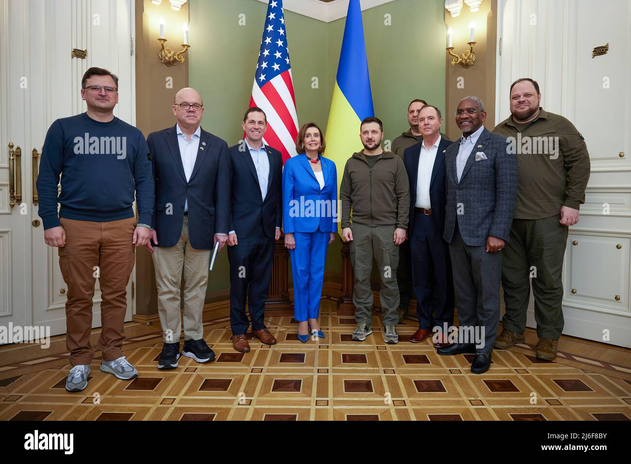 President of Ukraine Volodymyr Zelenskyy met with Speaker of the House of Representatives of the United States Congress Nancy Pelosi, who is on a visit to Ukraine with a delegation of congressmen.  The President thanked the Speaker for her visit.  President Volodymyr Zelenskyy awarded the Order of Princess Olga to Speaker of the US House of Representatives Nancy Pelosi for her significant personal contribution to strengthening Ukrainian-American interstate cooperation and supporting sovereign, independent and democratic Ukraine. PHOTO: Ukraine Presidential Office Stock Photo