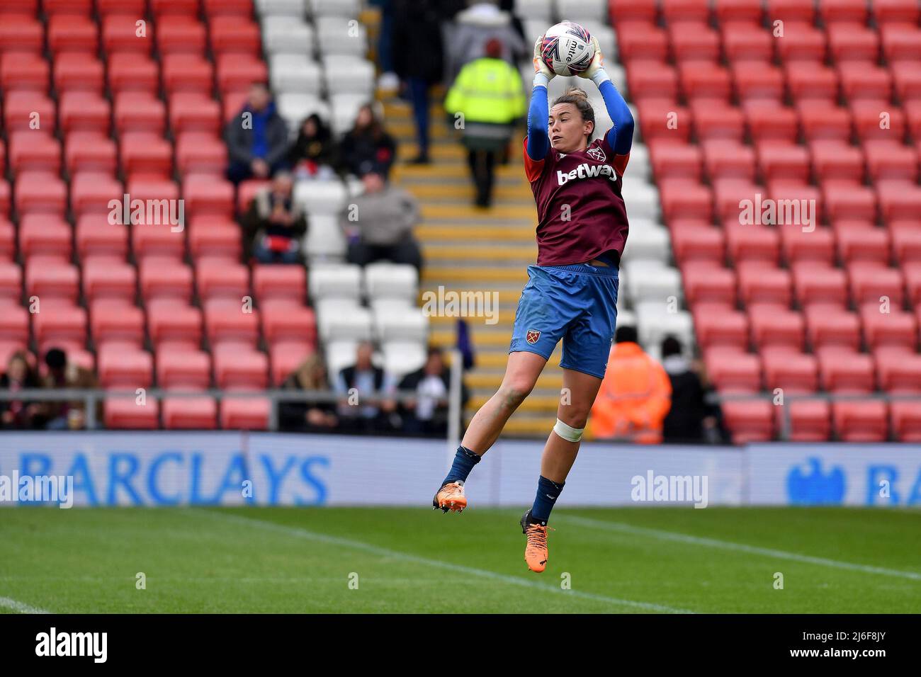 LEIGH, UK.  MAY 2ND Mackenzie Arnold of West Ham United Women Football Club warming up during the Barclays FA Women's Super League match between Manchester United and West Ham United at Leigh Sports Stadium, Leigh on Monday 2nd May 2022. (Credit: Eddie Garvey | MI News) Credit: MI News & Sport /Alamy Live News Stock Photo