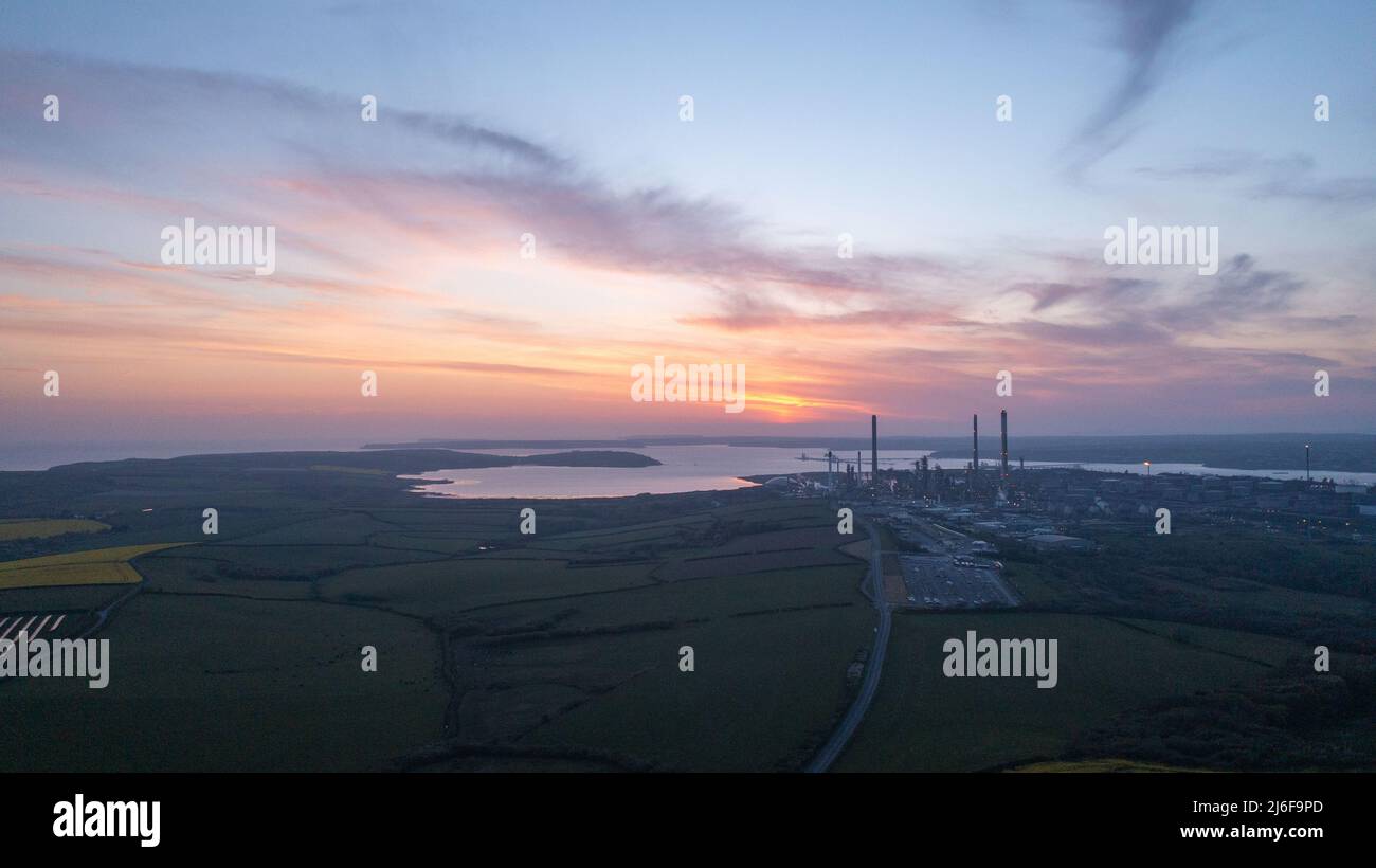 Aerial view of sunset and Valero oil refinery, Milford Haven, Pembrokeshire, Wales, UK Stock Photo