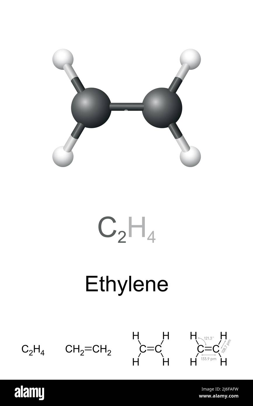 Ethylene, ethene, ball-and-stick model, molecular and chemical formula. Simplest alkene. Worldwide most produced organic compound in chemical industry. Stock Photo