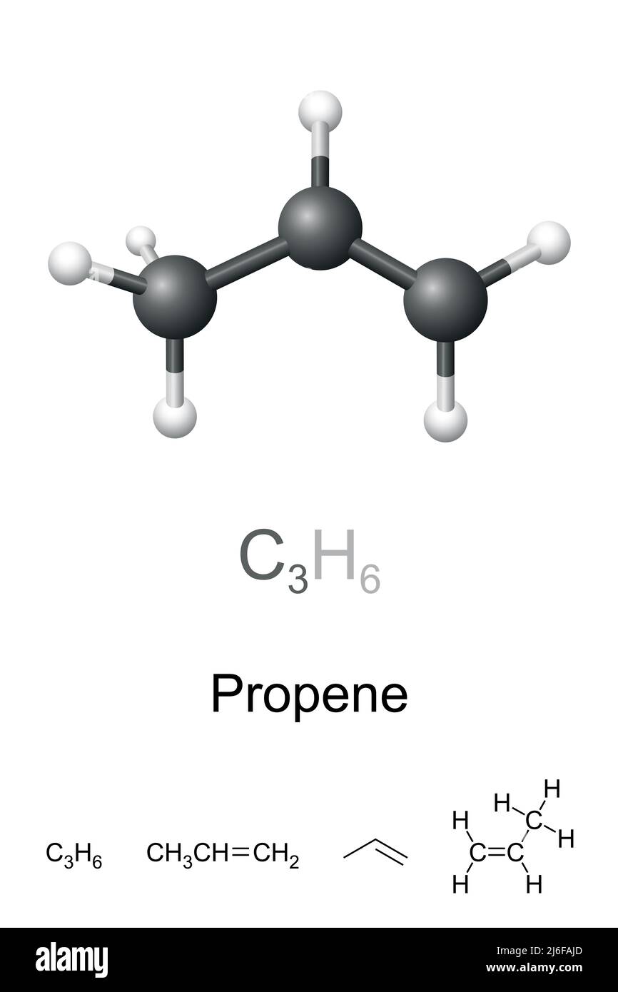 Propene, also propylene, ball-and-stick model, molecular and chemical formula. Hydrocarbon. Second simplest alkene. Stock Photo