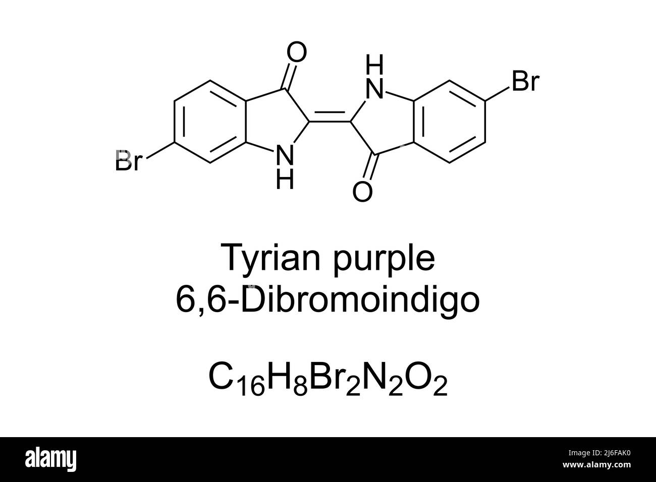 Tyrian purple, 6,6-Dibromoindigo, chemical formula and structure. Also Phoenician red, royal purple, or imperial dye. Reddish-purple natural dye. Stock Photo