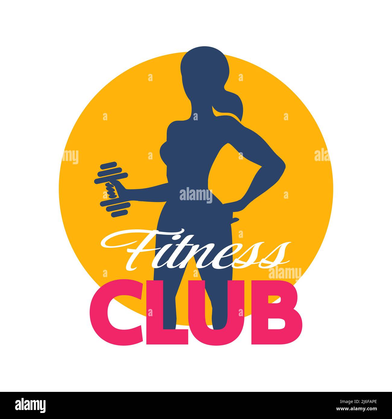 Fitness logo or Emblem. Athletic Girl with dumbbell isolated on white. Vector illustration. Stock Vector