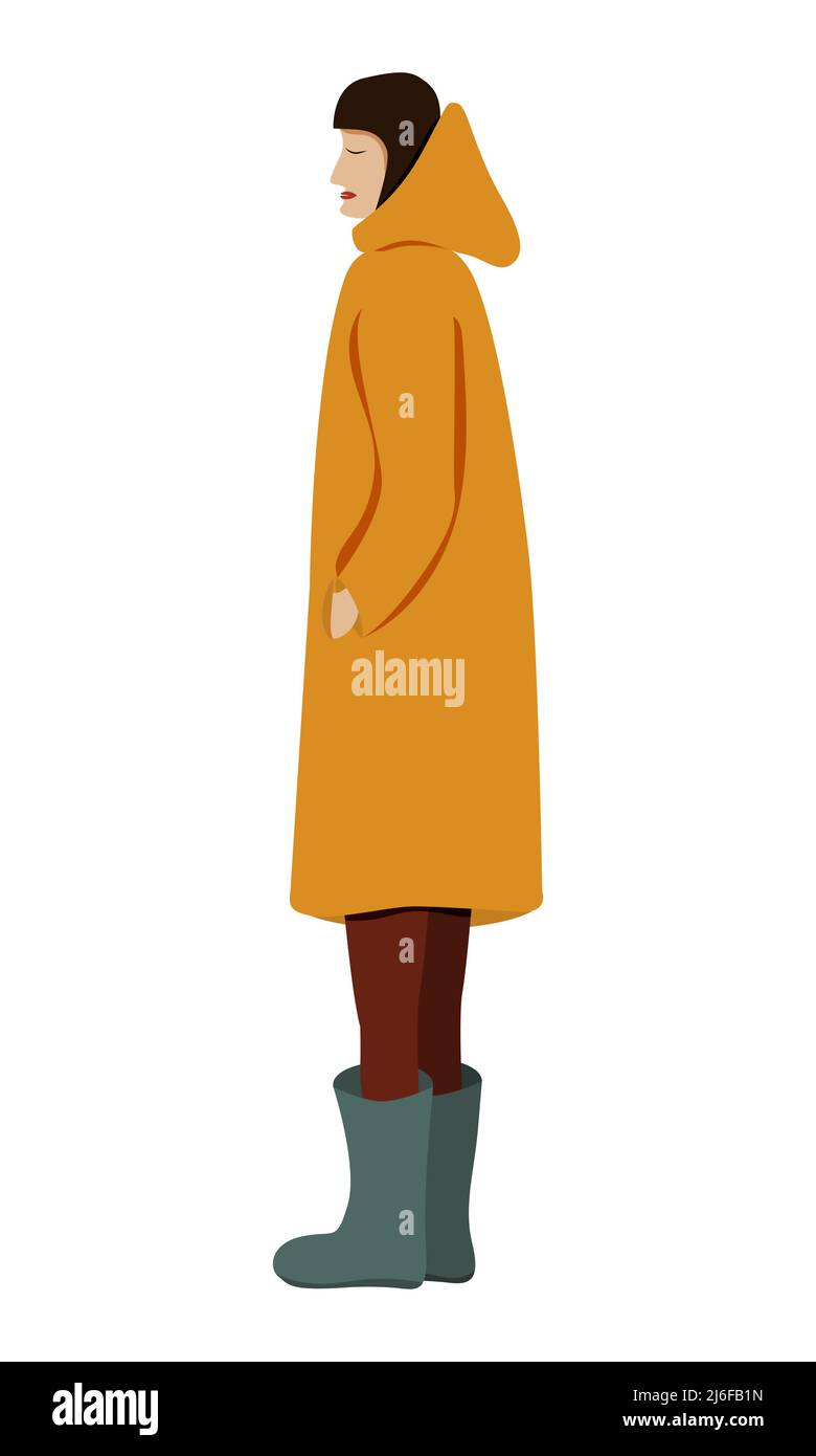 Standing sad girl in raincoat and galoshes in vector Stock Vector Image