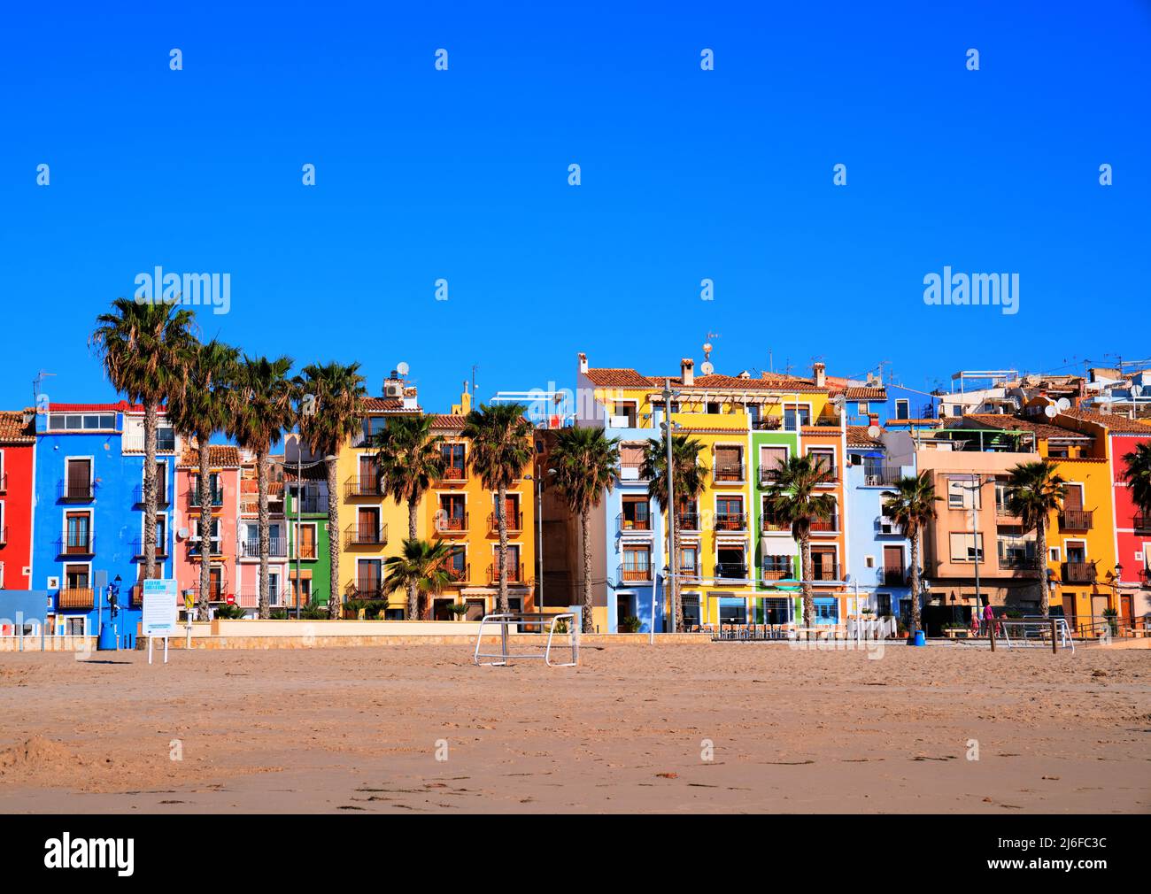 Villajoyosa Spain beautiful town with colourful houses and palm trees Costa Blanca Alicante Stock Photo