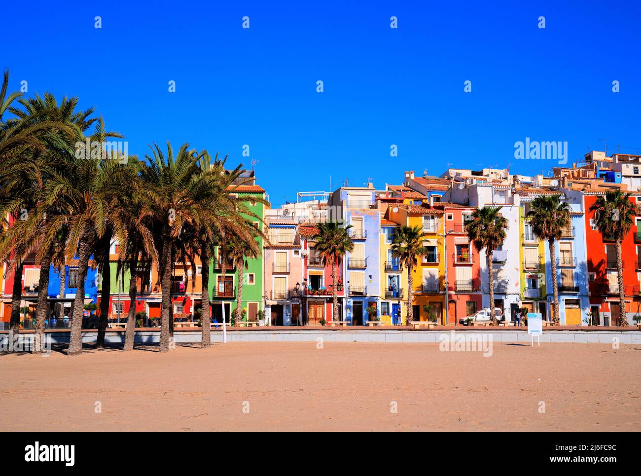 Villajoyosa Spain colourful houses and palm trees Costa Blanca Alicante beautiful spanish town Stock Photo