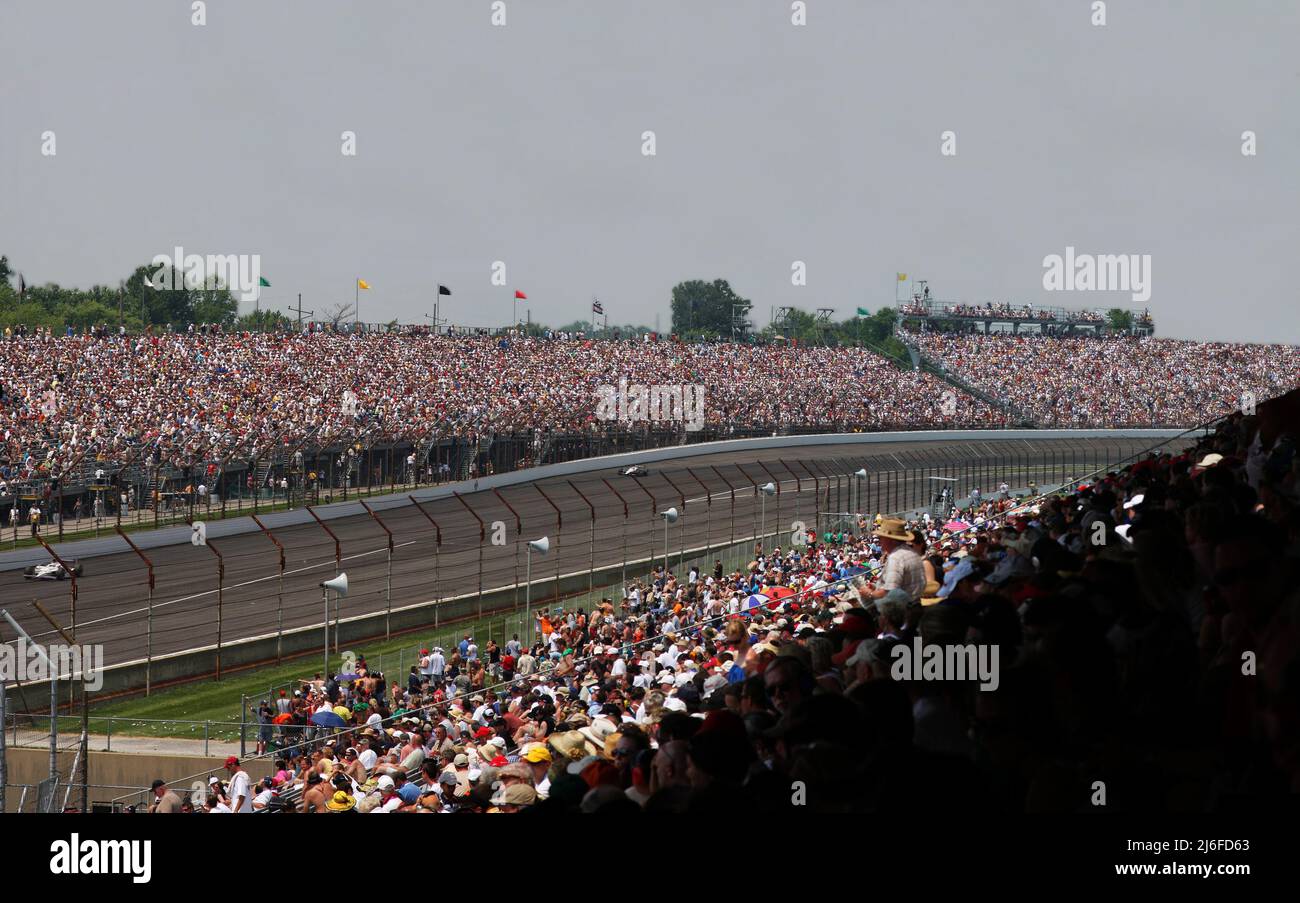 Indianapolis, Indiana, May 30, 2010: Izod IRL Indy 500 mile race. View from Tower Terrace, facing the corner 4 grandstand, during race *altered image* Stock Photo