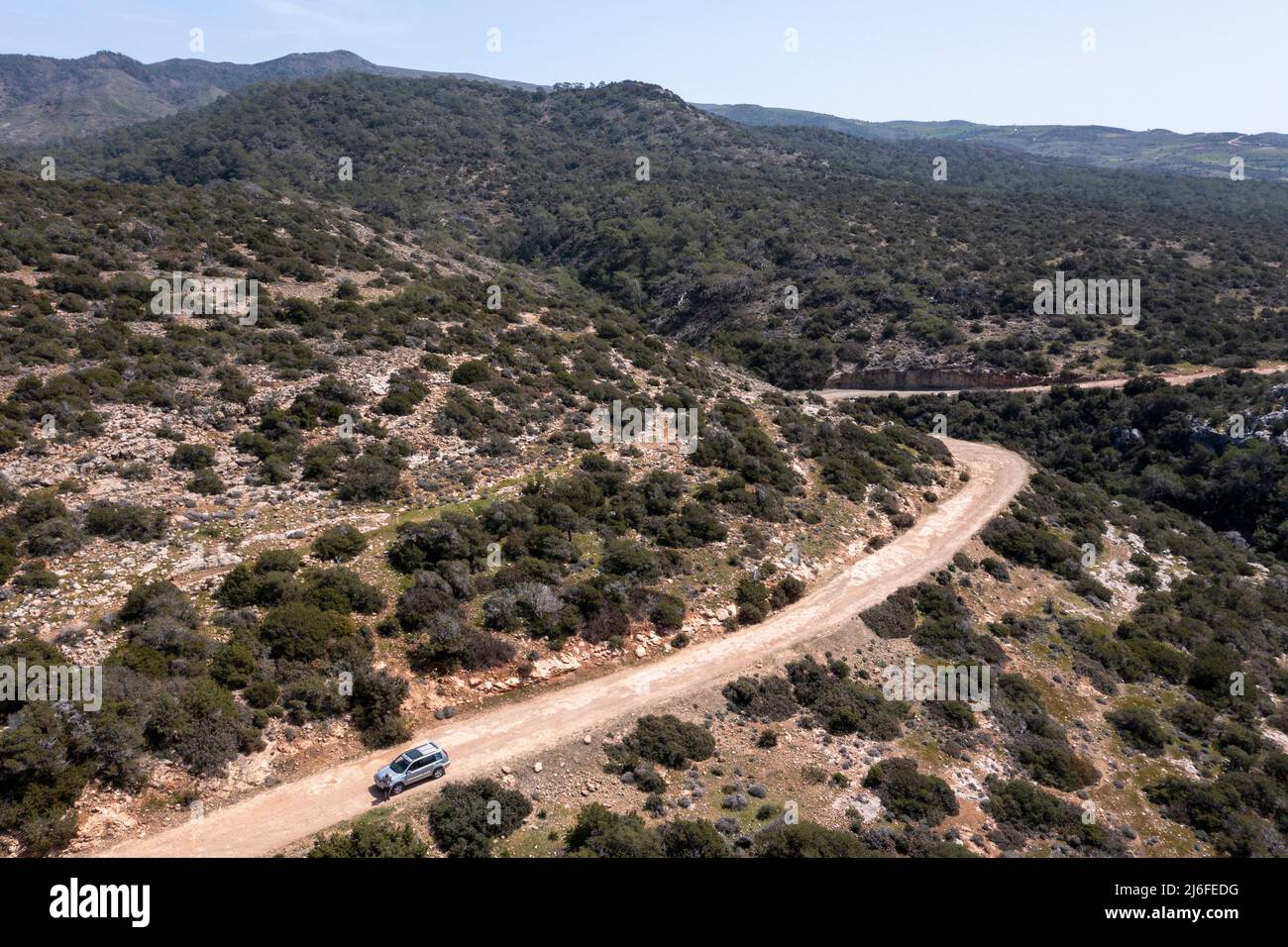 Aerial view of a dirt road on the Akamas Peninsula, Western Cyprus. Stock Photo