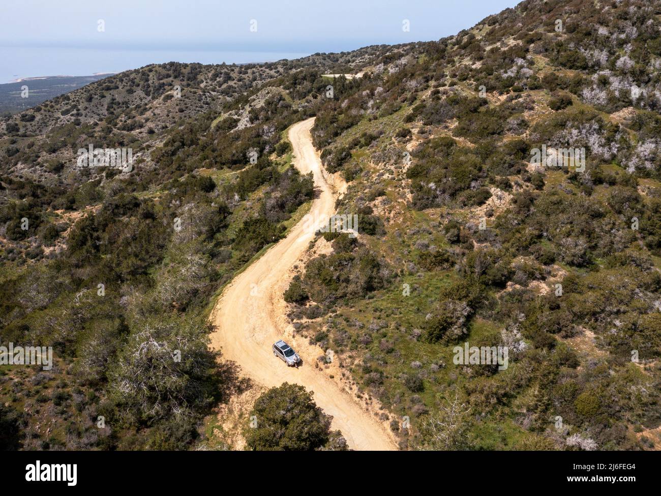 Aerial view of a dirt road on the Akamas Peninsula, Western Cyprus. Stock Photo