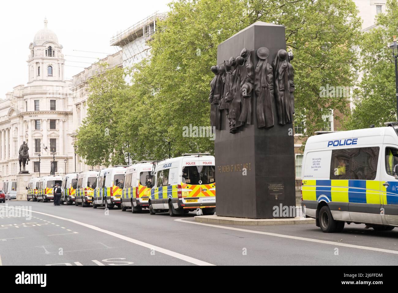 London UK 01 May 2022. row of police vans on Whitehall Westminster. Celebrating International Workers Day, Trade Union members and protesters march to central London finishing with a Rally in Trafalgar Square. Organised by London Trade Union Councils Credit: glosszoom/Alamy Live News Stock Photo