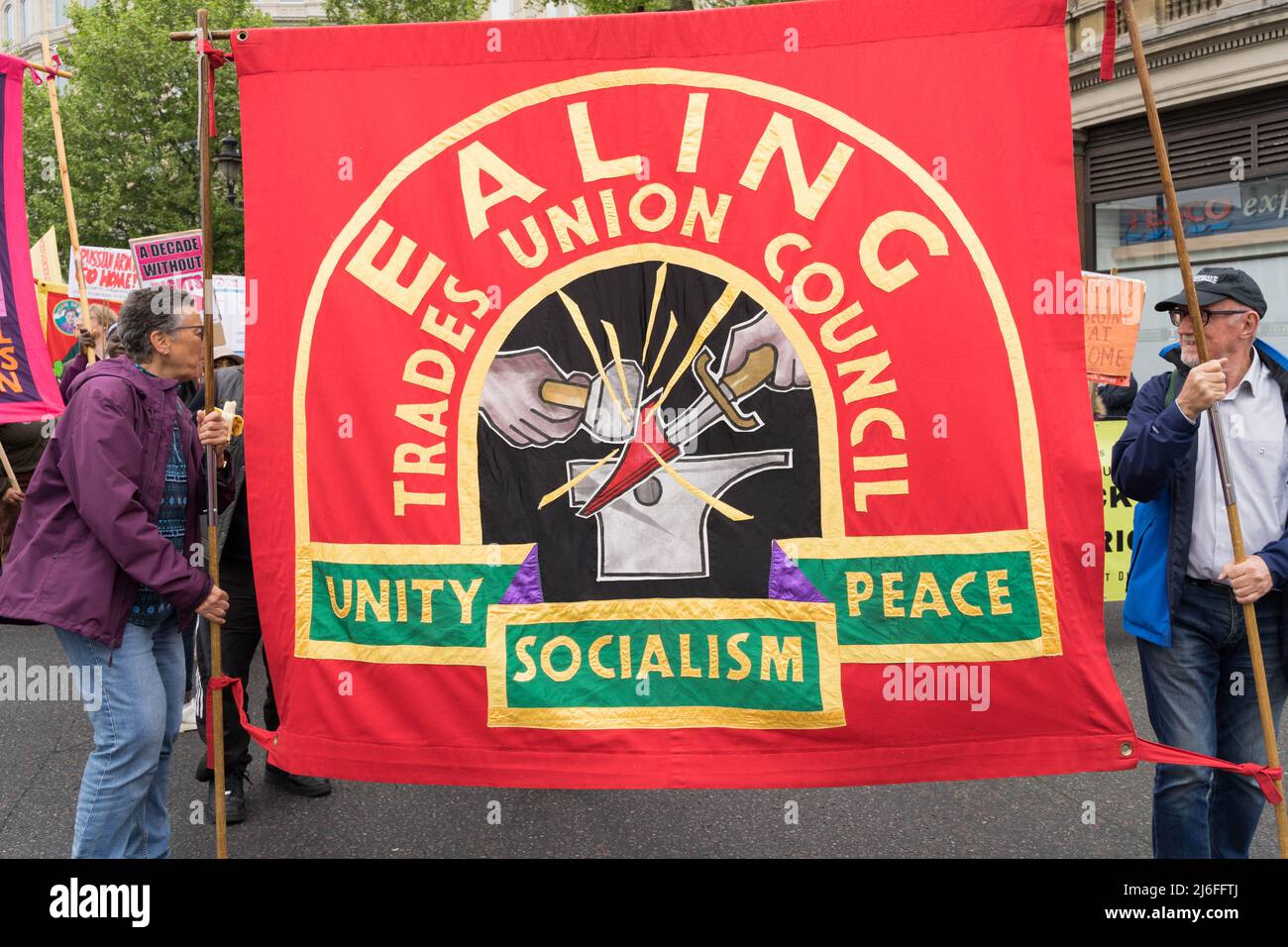 London UK 01 May 2022. Ealing Trades Union Council banner. Celebrating International Workers Day, Trade Union members and protesters march to central London finishing with a Rally in Trafalgar Square. Organised by London Trade Union Councils Credit: glosszoom/Alamy Live News Stock Photo
