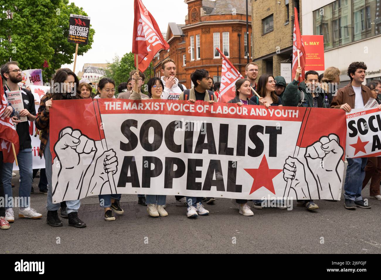 London UK 01 May 2022. Celebrating International Workers Day, Trade Union members and protesters march to central London finishing with a Rally in Trafalgar Square. Organised by London Trade Union Councils Credit: glosszoom/Alamy Live News Stock Photo