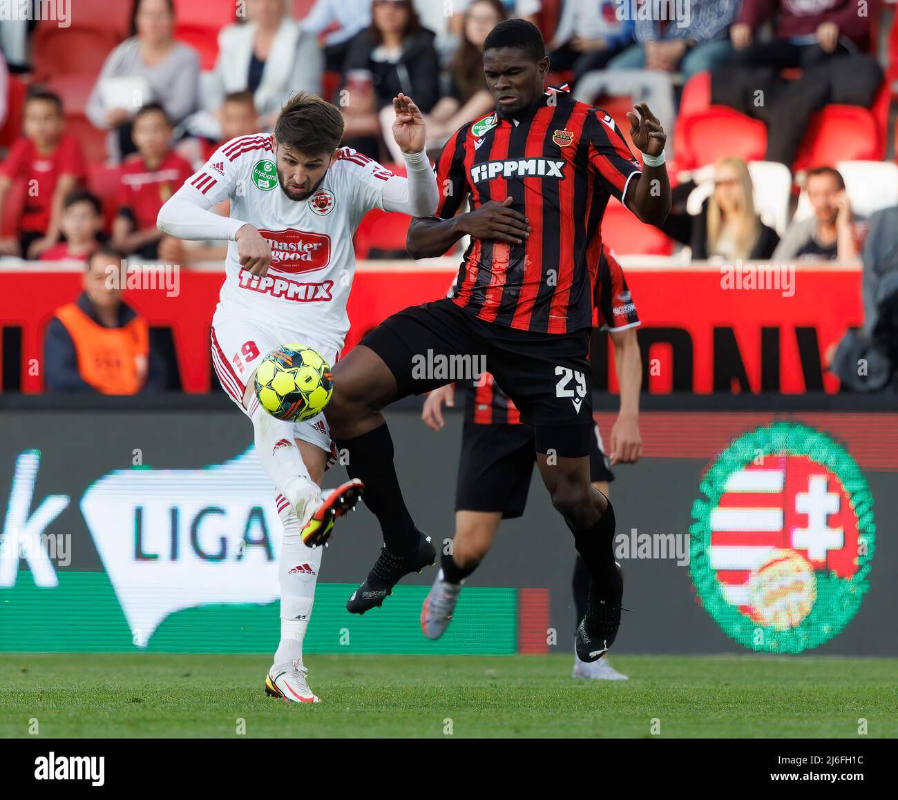 BUDAPEST, HUNGARY - MARCH 6: Claudiu Bumba of Kisvarda Master Good  challenges Henry Wingo of Ferencvarosi TC during the Hungarian OTP Bank  Liga match between Ferencvarosi TC and Kisvarda Master Good at