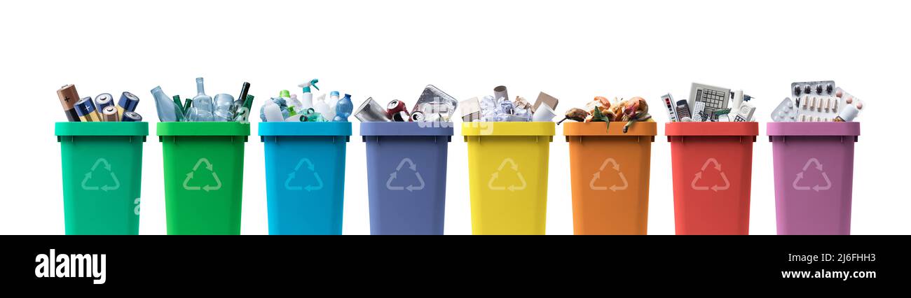Collection of waste bins full of different types of garbage, recycling and separate waste collection concept Stock Photo