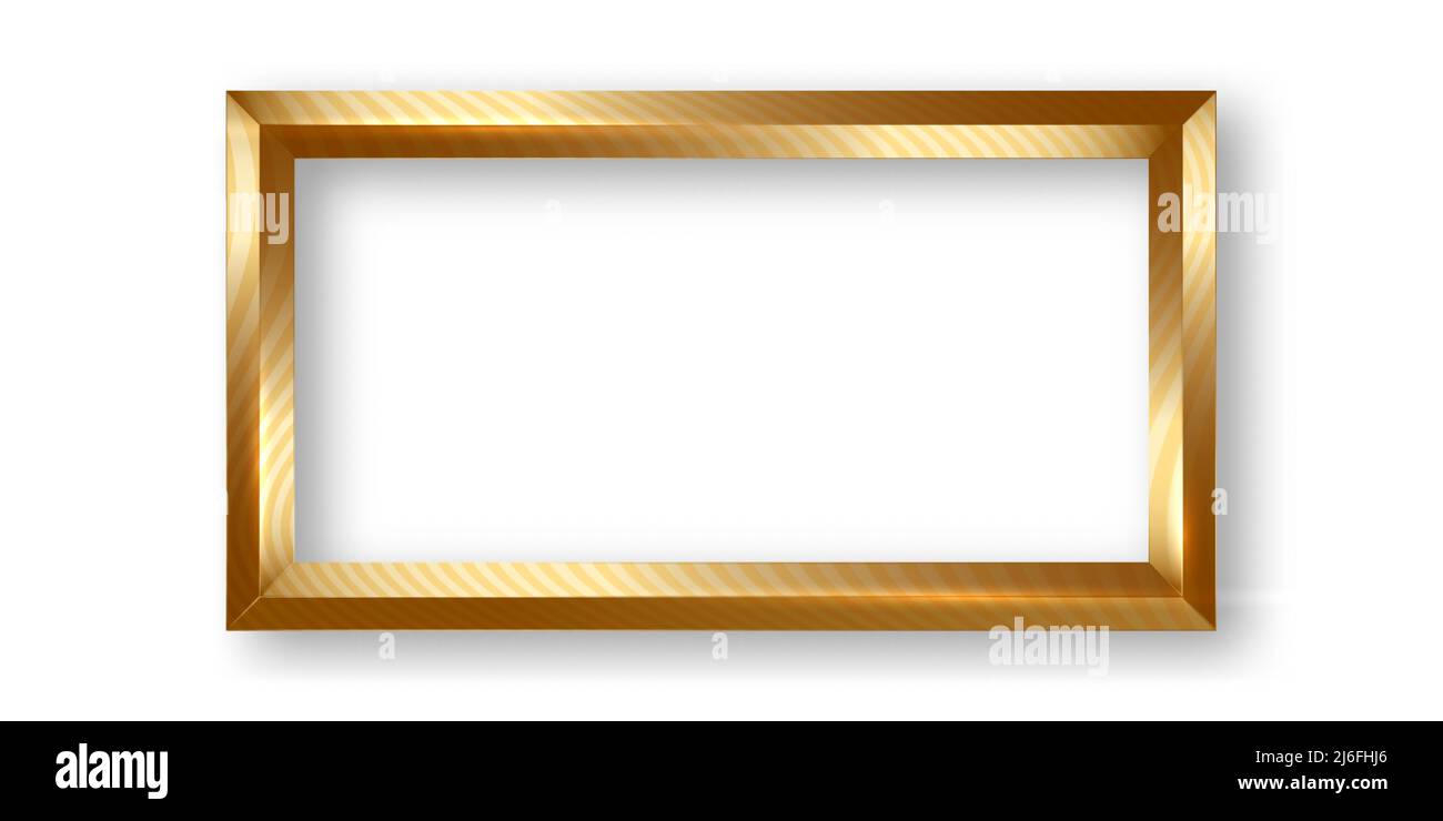 rectangle frame in gilded wood, striped ornate golden picture frame, classic gold luxury border vector illustration isolated on white background Stock Vector