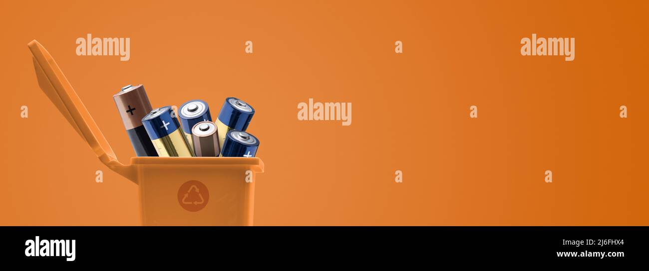 Trash bin full of batteries, recycling and hazardous waste disposal