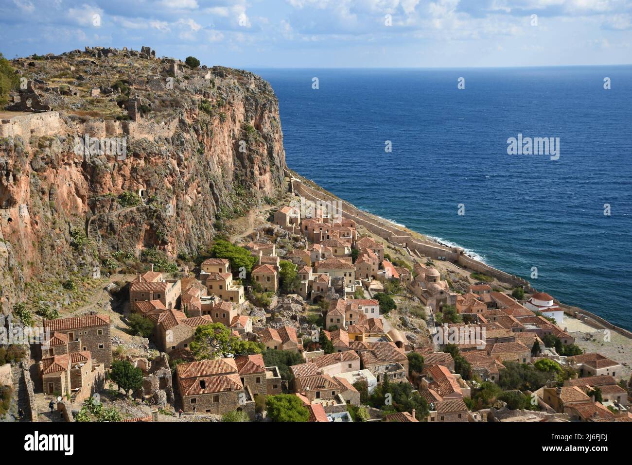 Landscape with panoramic view of Monemvasia a picturesque fortified town in Laconia, Peloponnese Greece. Stock Photo