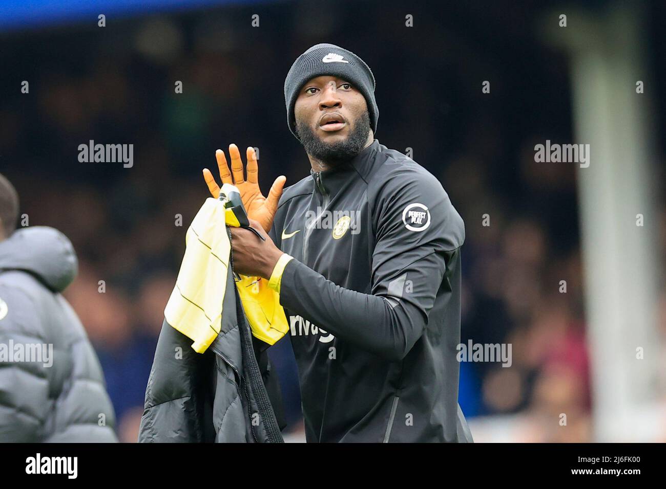Romelu Lukaku #9 of Chelsea applauds the fans as he makes his way to the bench Stock Photo