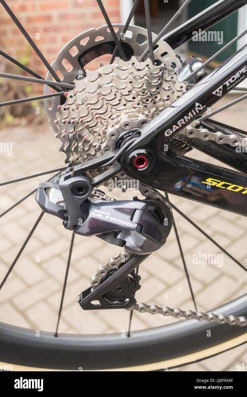 Shimano Ultegra electrically operated or electronic rear derailleur on a road bike. Stock Photo