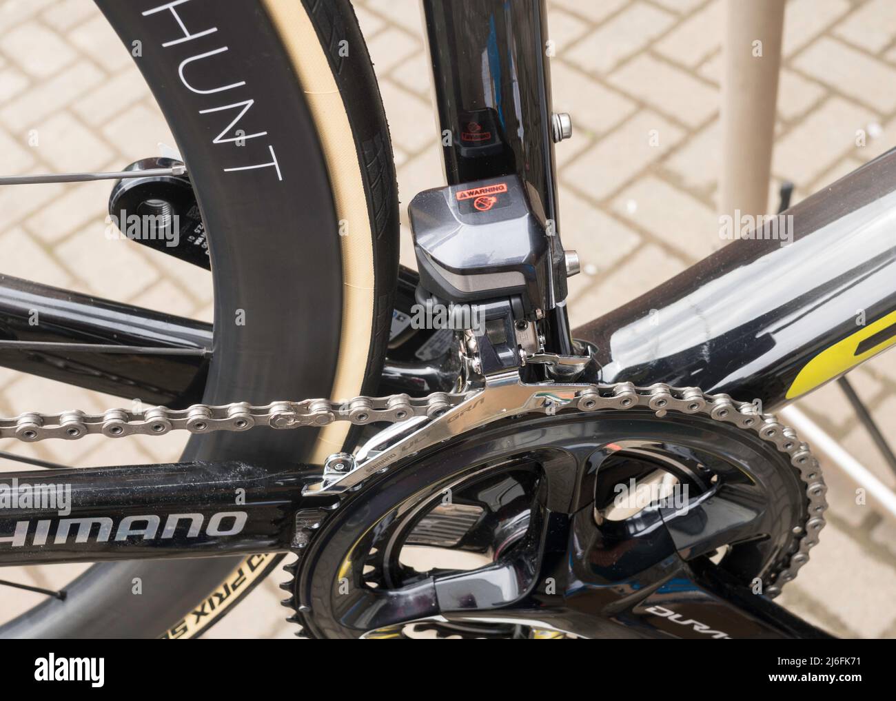 Shimano Ultegra electrically operated or electronic front derailleur on a road bike. Stock Photo