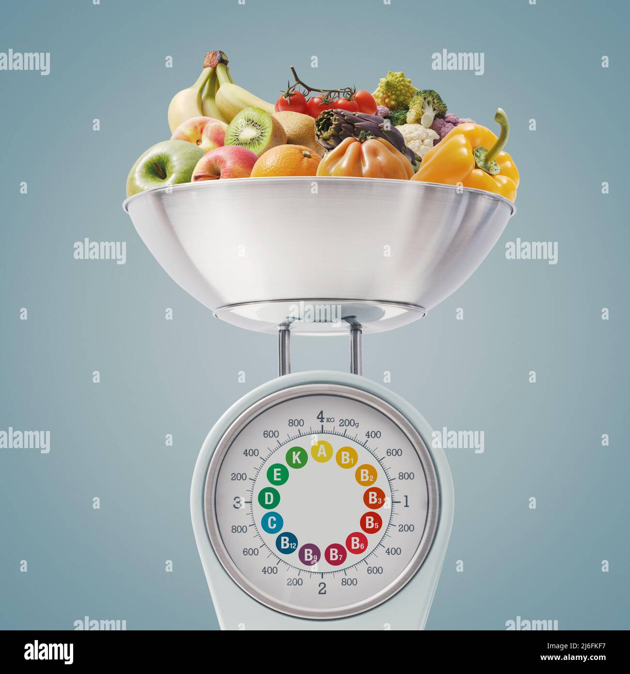 Food scale full of vegetables and fruits, vitamins on the display