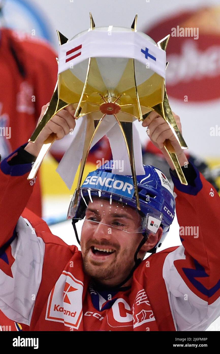Czech Jakub Flek holds the cup after the Euro Hockey Tour, Czech Hockey