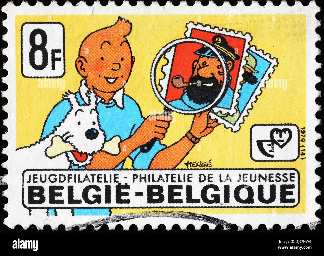 Famous cartoon Tintin on belgian postage stamp Stock Photo