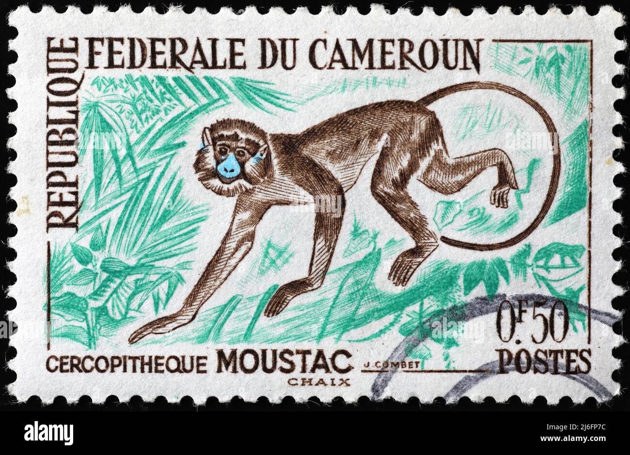 Moustached guenon on old postage stamp fom Cameroon Stock Photo