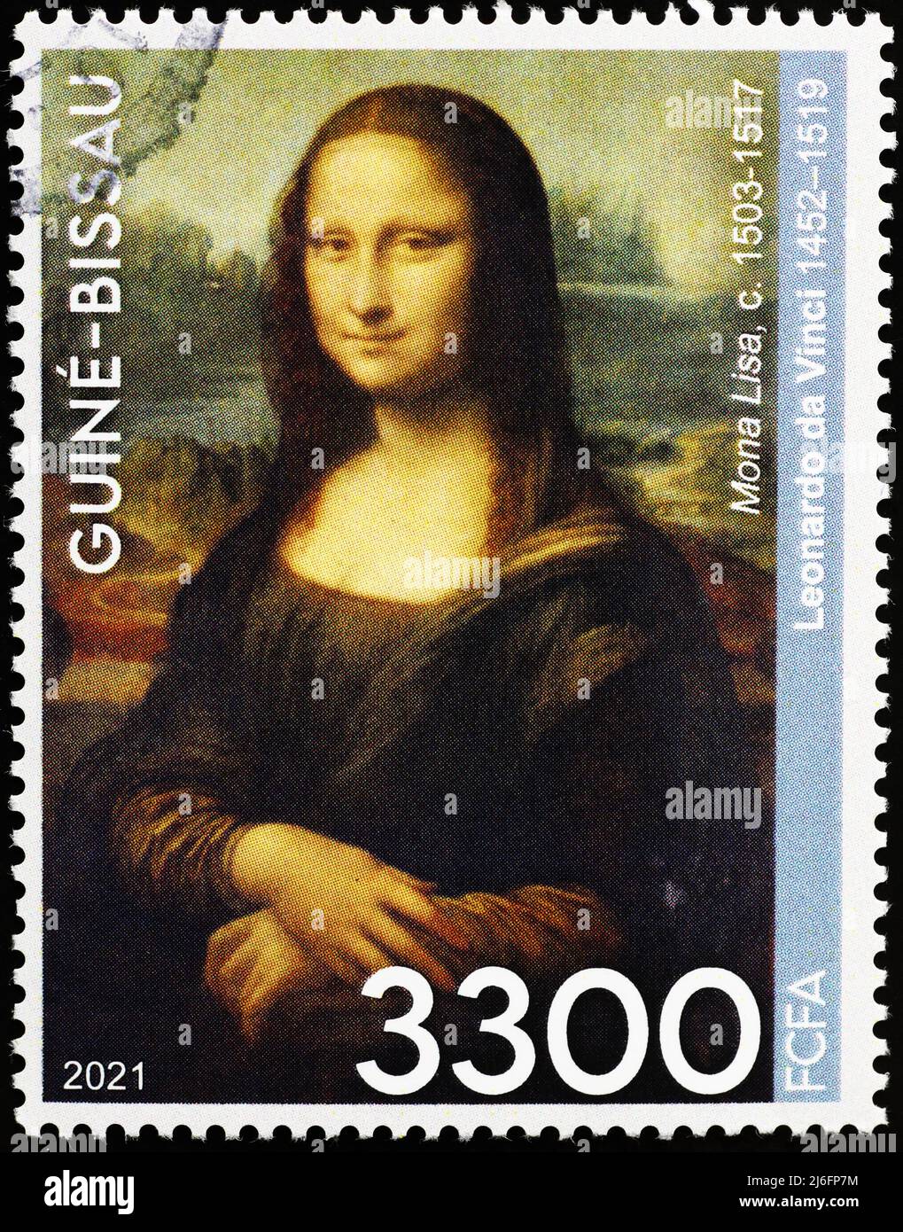 Mona Lisa by Leonardo on stamp from Guinea Bissau Stock Photo