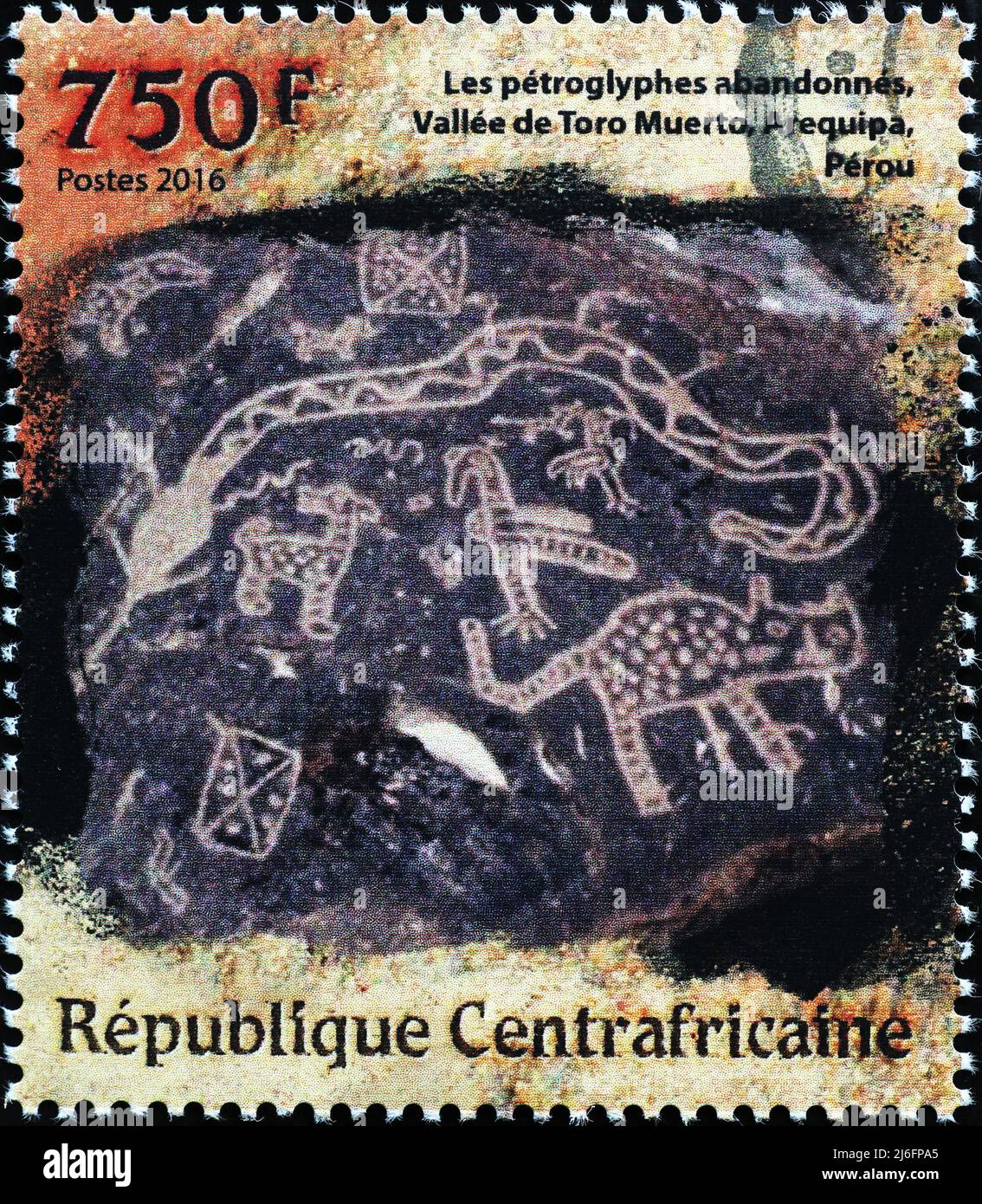 Peruvian prehistoric petroglyphs on postage stamp Stock Photo