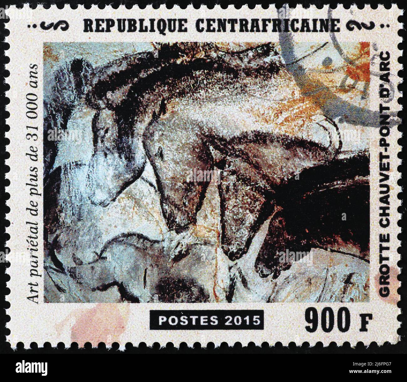Prehistoric depictions of horses from Chauvet caves on stamp Stock Photo