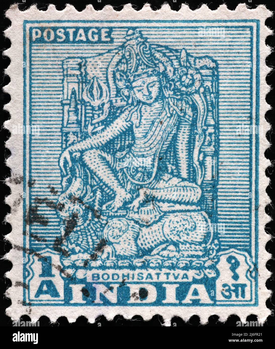 Statue of hindu goddess on vintage indian stamp Stock Photo