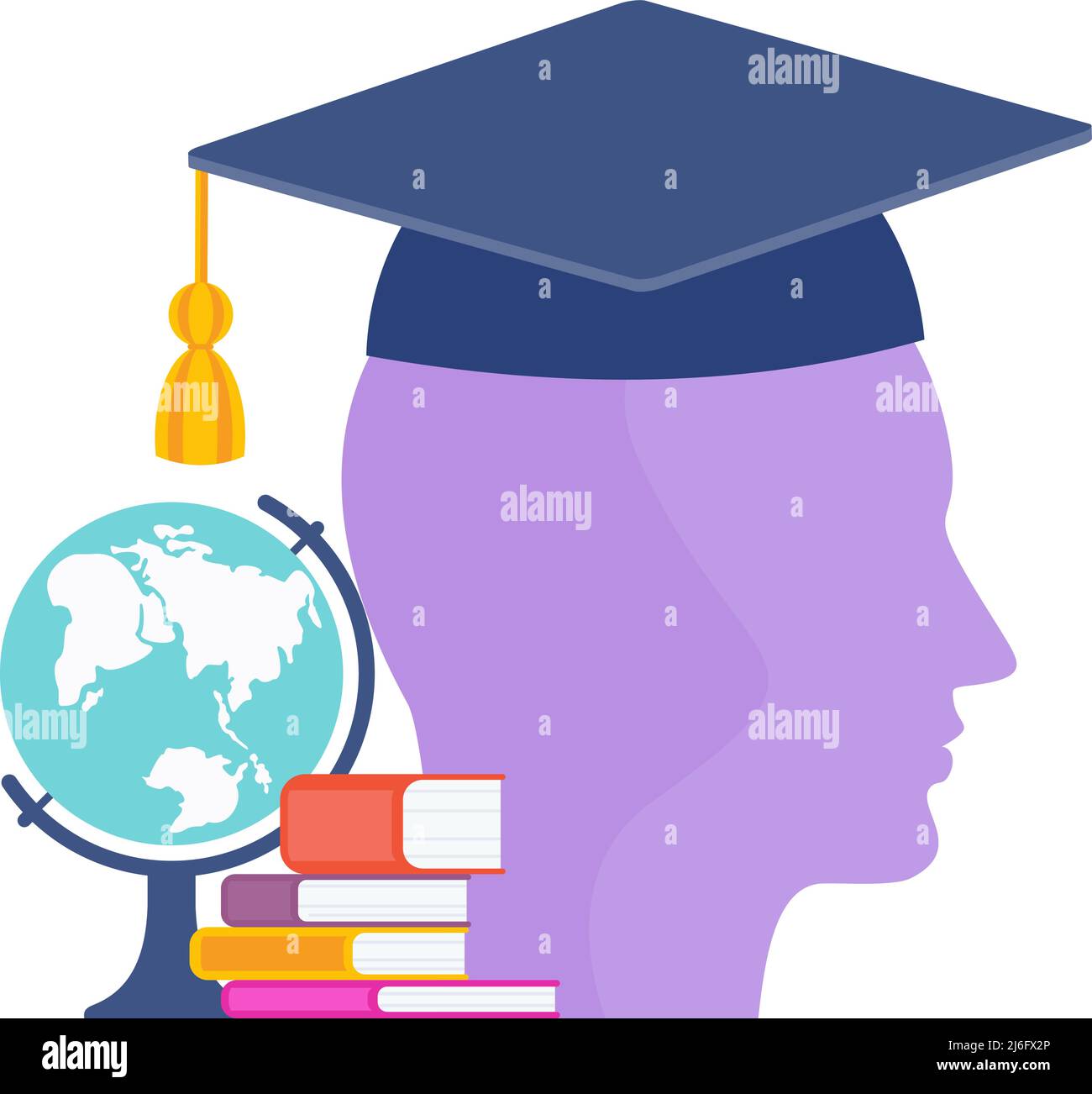 Head wearing university graduate cap. Graduation gown Stock Vector