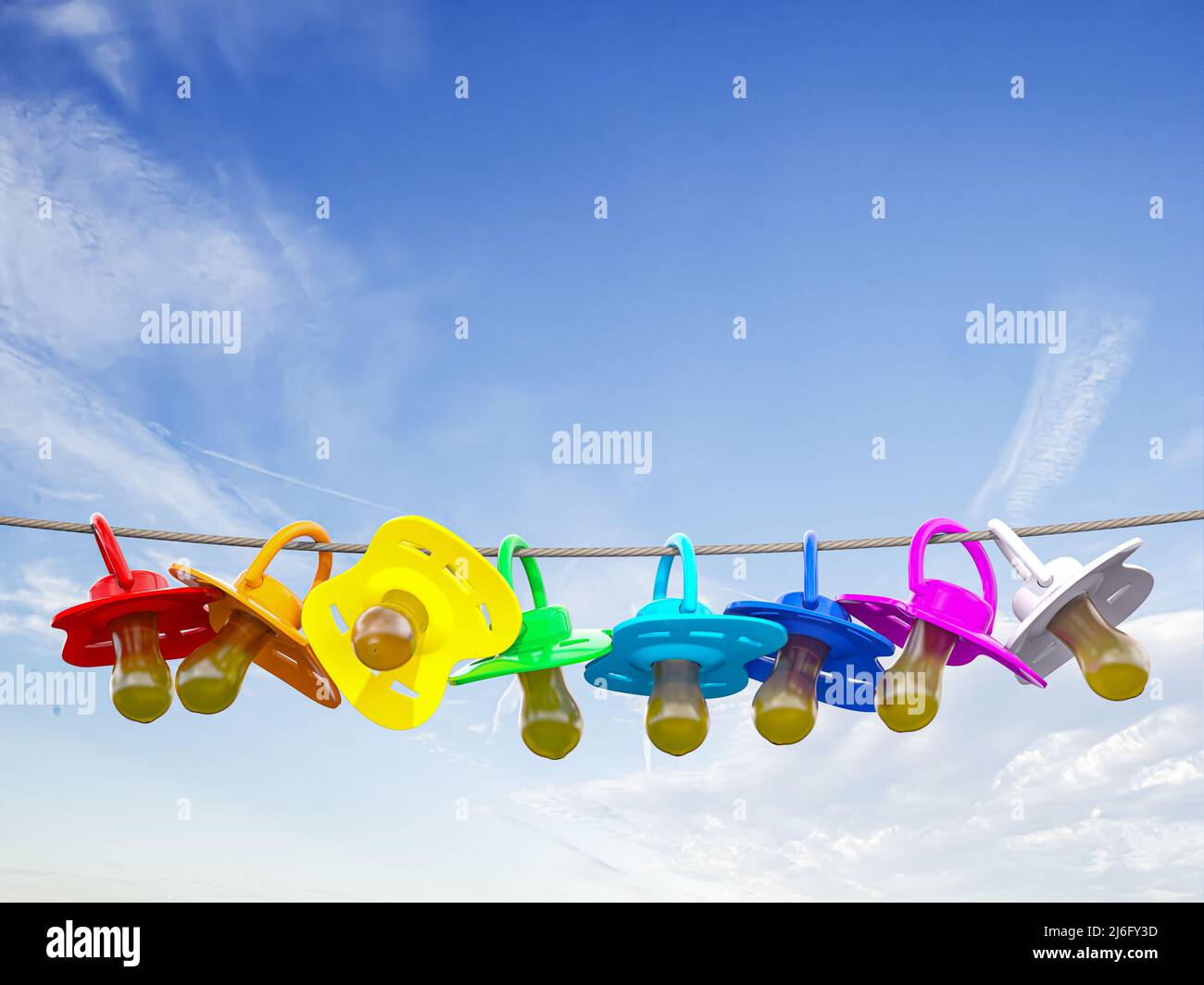 Row of child pacifier, soother and baby dummies on rope. 3d ...