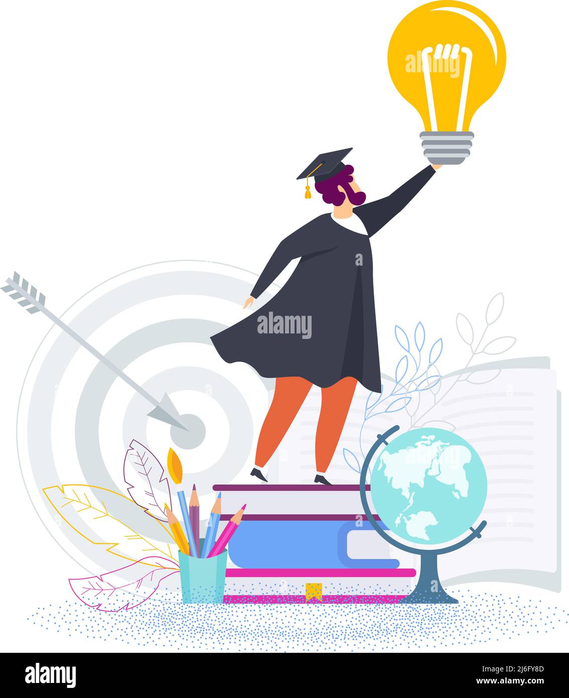 Graduate raises a glowing lamp in his hand. Graduation gown. Stock Vector