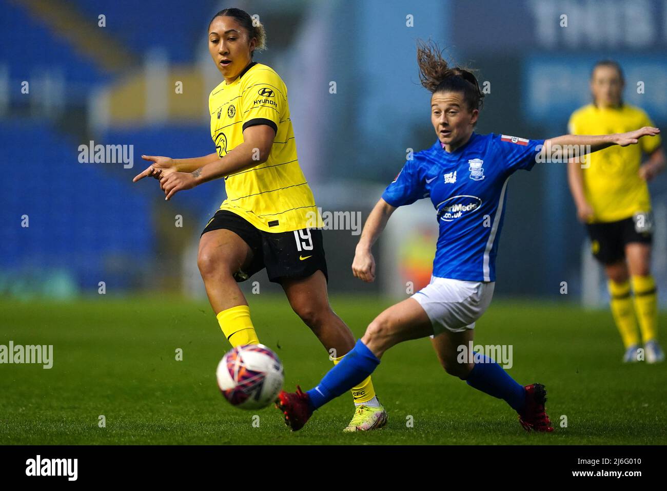 Chelsea's Lauren James (left) and Birmingham City's Christie Murray battle for the ball during the Barclays FA Women's Super League match at St. Andrew's, Birmingham. Picture date: Sunday May 1, 2022. Stock Photo