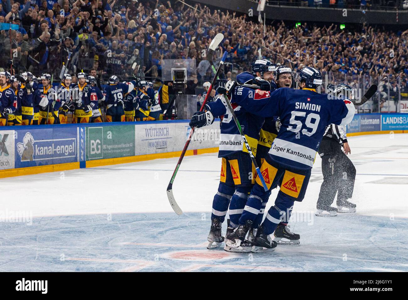 Zug cheers during the National League Playoff Final ice hockey game