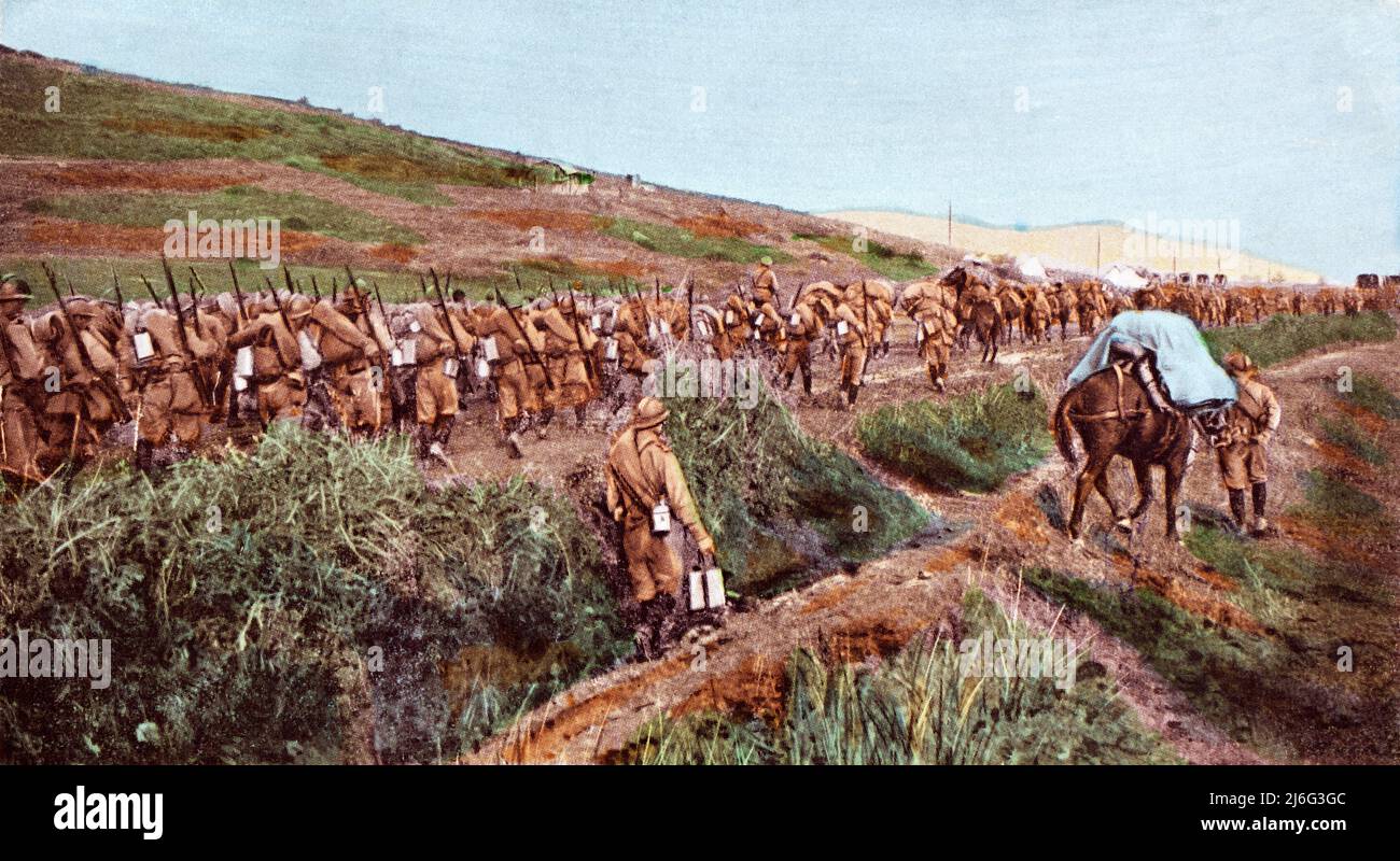 A First World War coloured photograph of Russian infantry marching to the tranches during the Macedonian campaign, c 1917. Stock Photo