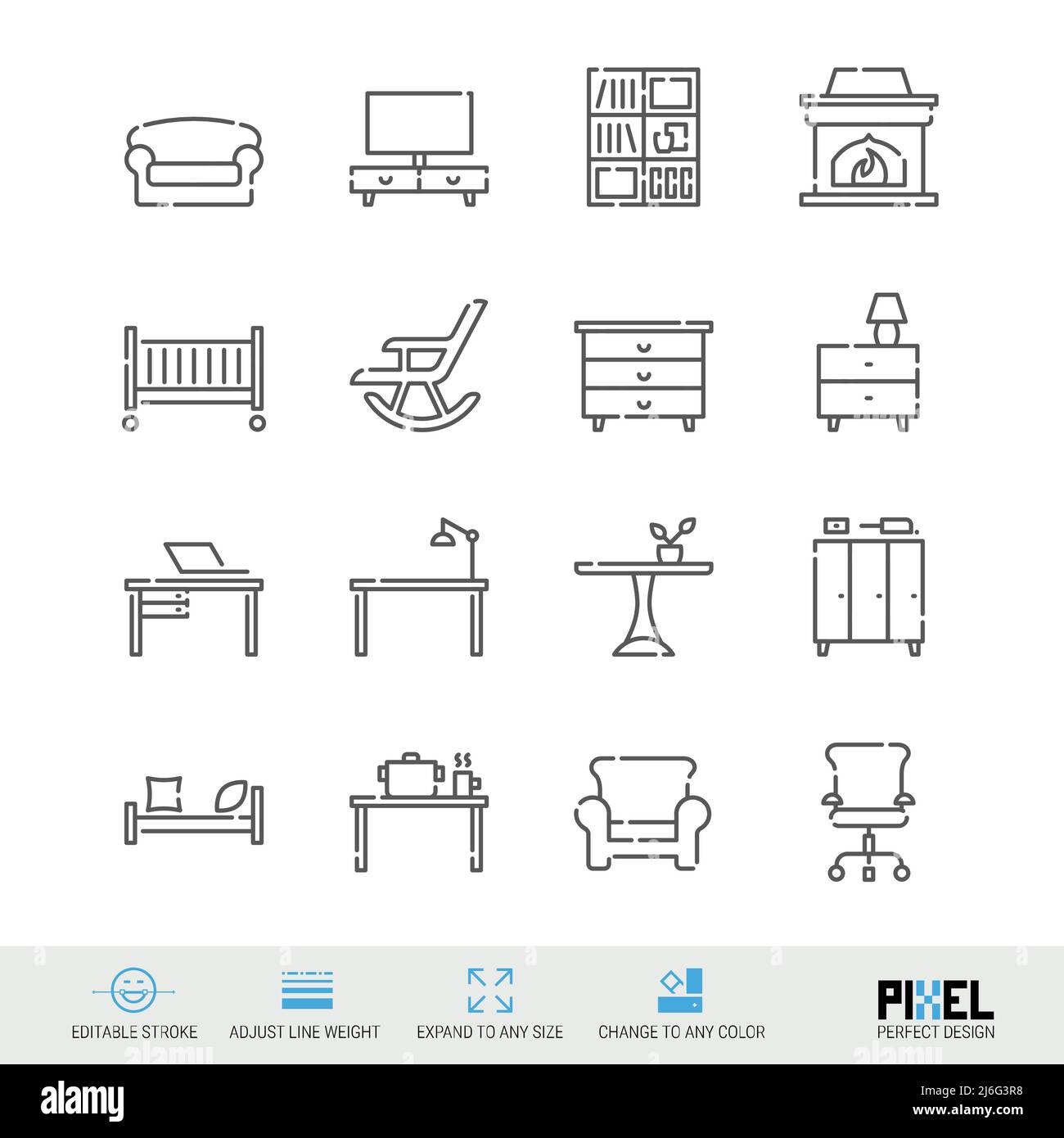 Home furniture and furnishings related vector line icon set isolated on ...